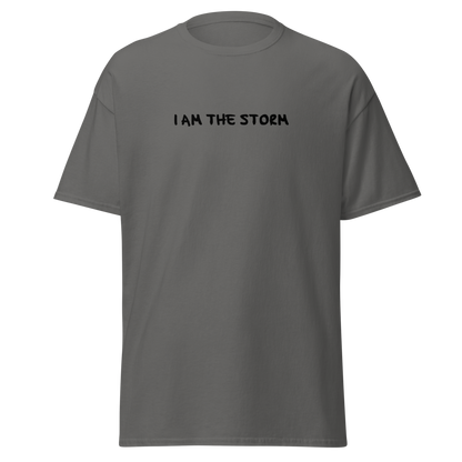 "I am the storm" printed on a charcoal on an invisible body