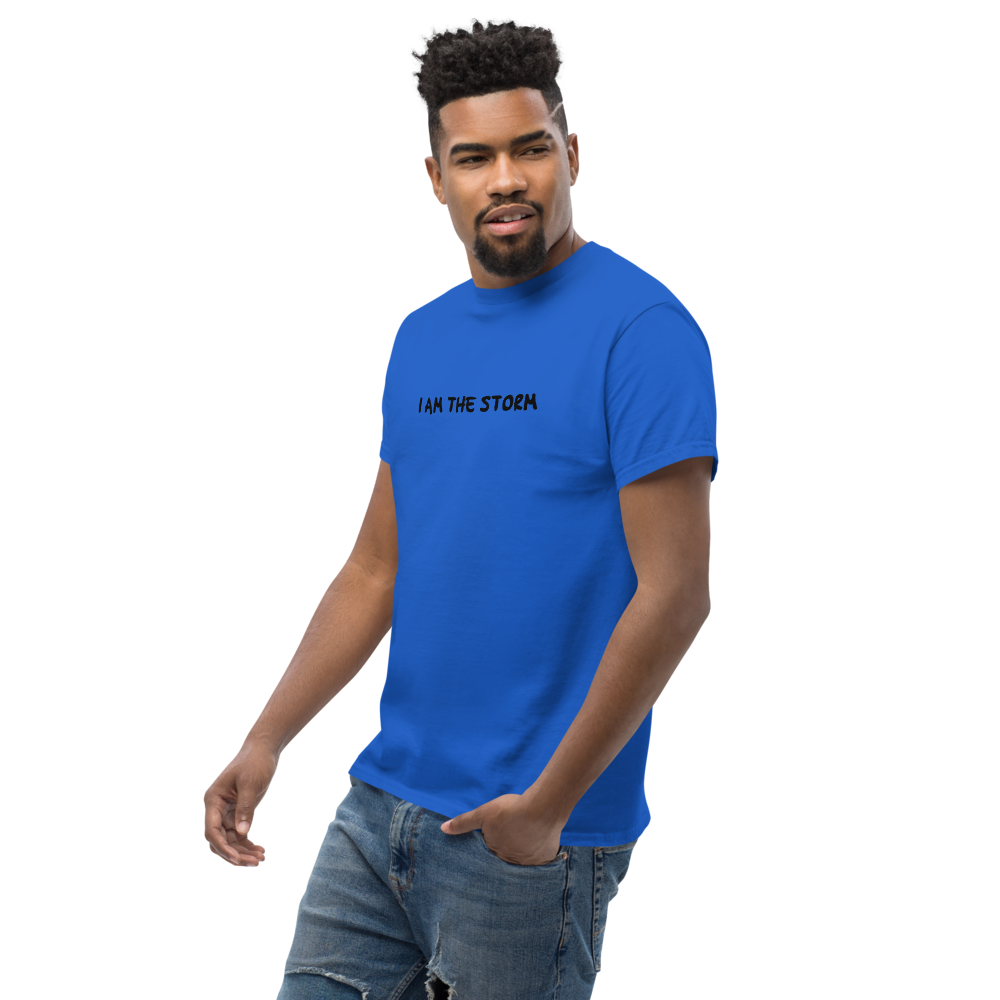 "I am the storm" printed on a royal unisex classic tee worn by a male