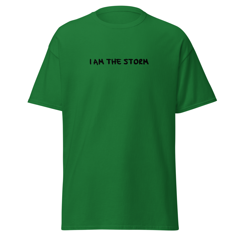 "I am the storm" printed on a turf green on an invisible body