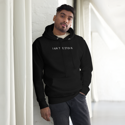"I am the storm" printed on a black unisex hoodie worn by a male