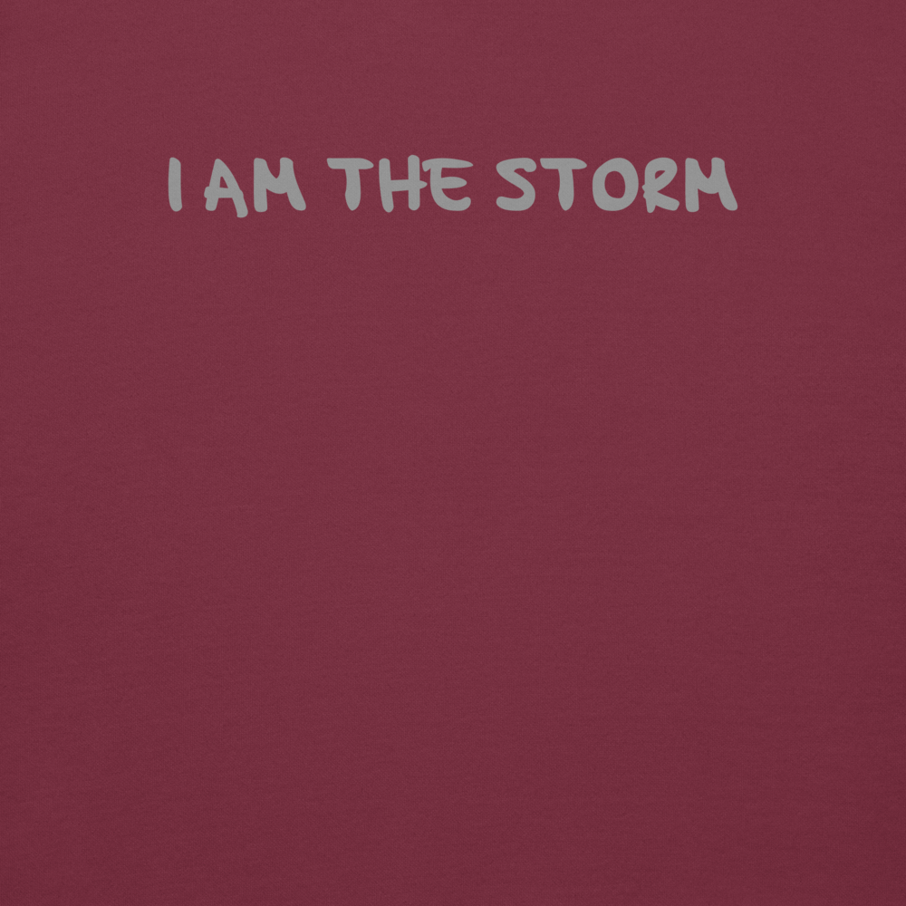 "I am the storm" printed on a maroon background