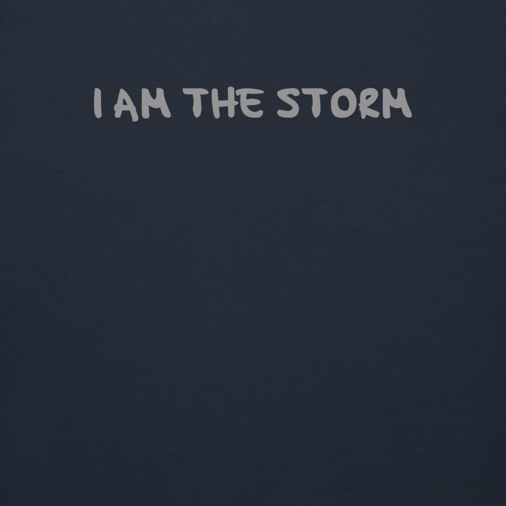 "I am the storm" printed on a navy blazer background