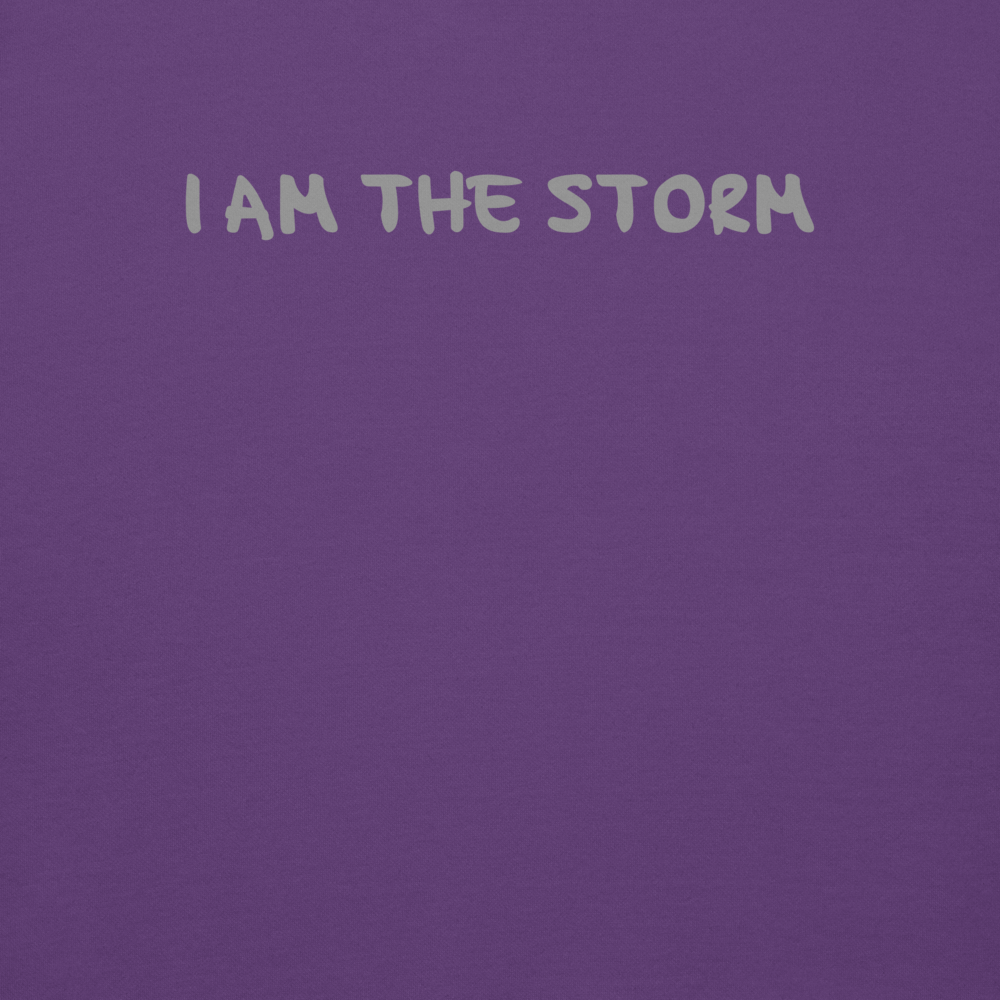 "I am the storm" printed on a purple background