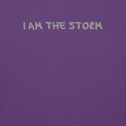 "I am the storm" printed on a purple background