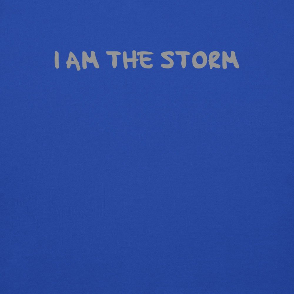 "I am the storm" printed on a team royal background
