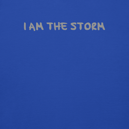 "I am the storm" printed on a team royal background