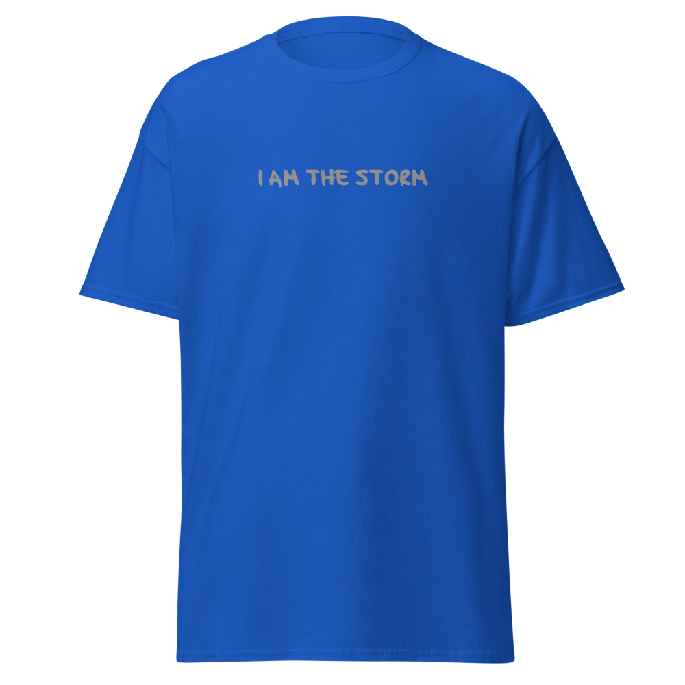 "I am the storm" printed on a royal on an invisible body