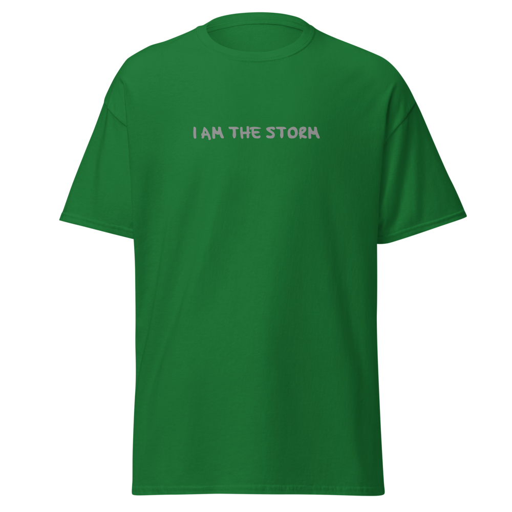 "I am the storm" printed on a turf green on an invisible body