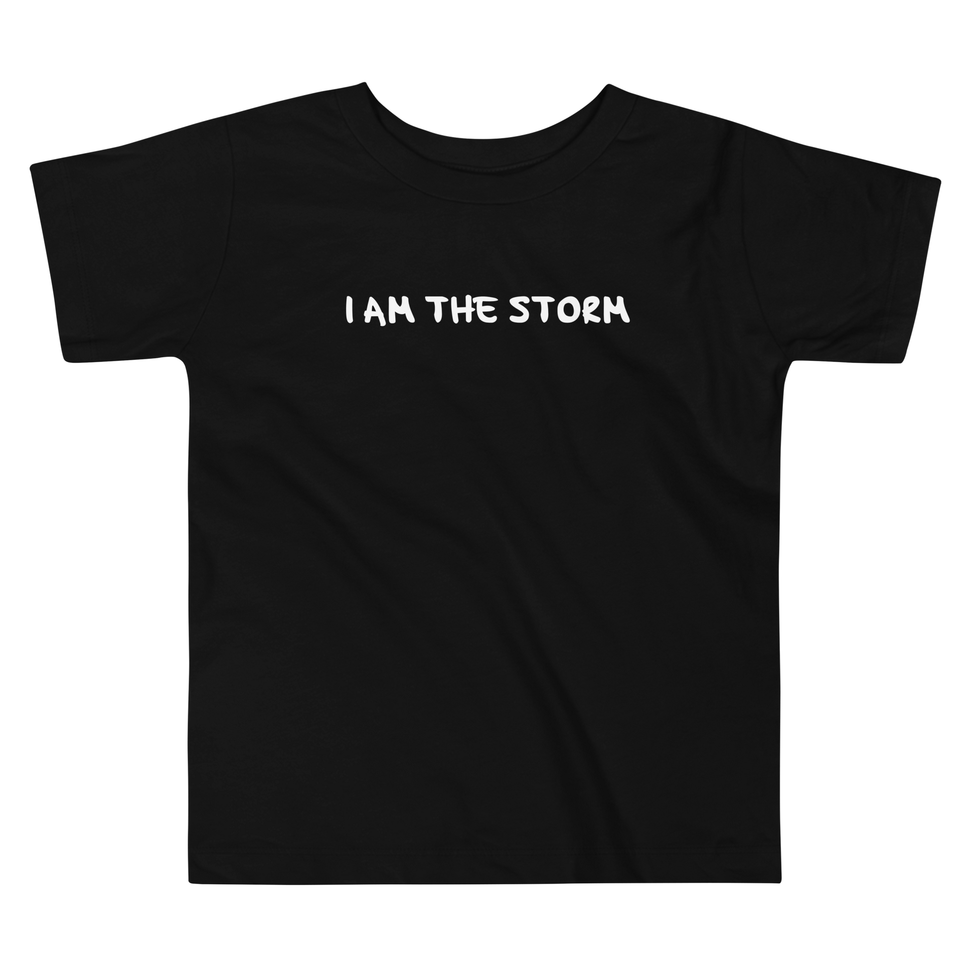 "I am the storm" printed on a black toddler short sleeve tee laying on a flat surface