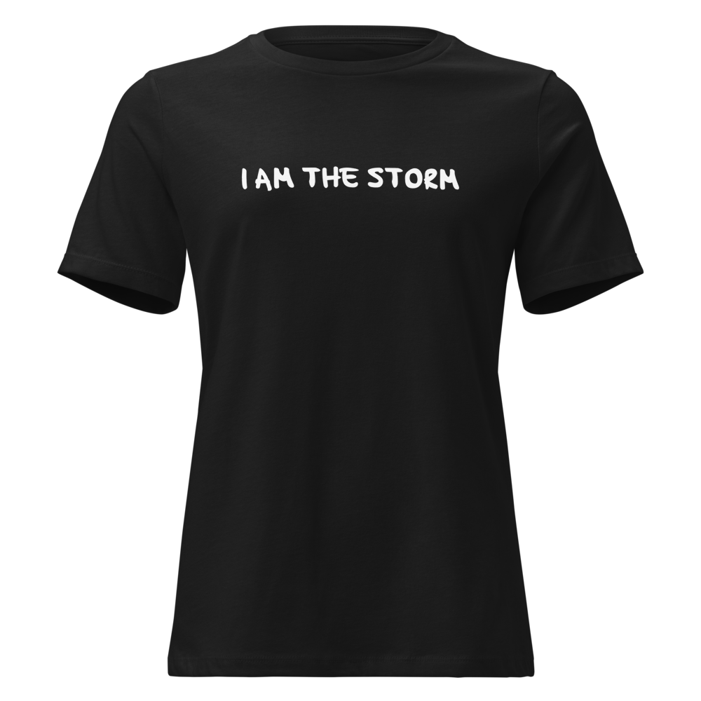"I am the storm" printed on a black on an invisible / simulated body
