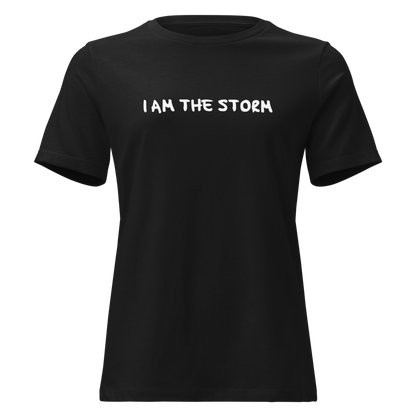 "I am the storm" printed on a black on an invisible / simulated body
