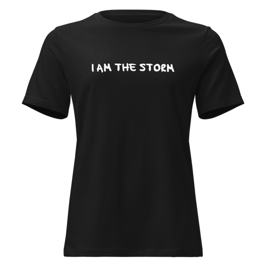 "I am the storm" printed on a black on an invisible / simulated body