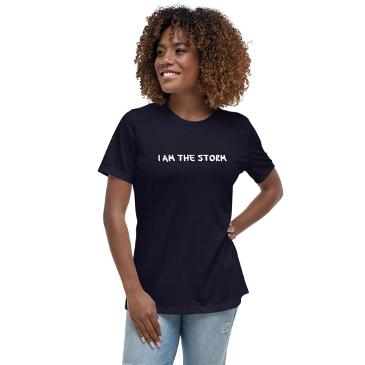"I am the storm" printed on a navy women's relaxed t-shirt worn by a female