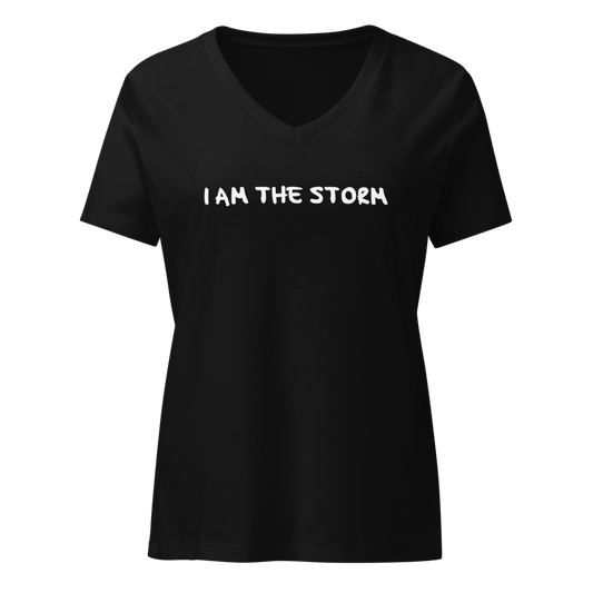 "I am the storm" printed on a solid black blend on an invisible / simulated body