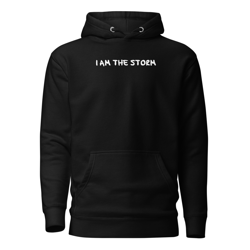 "I am the storm" printed on a black on an invisible / simulated body