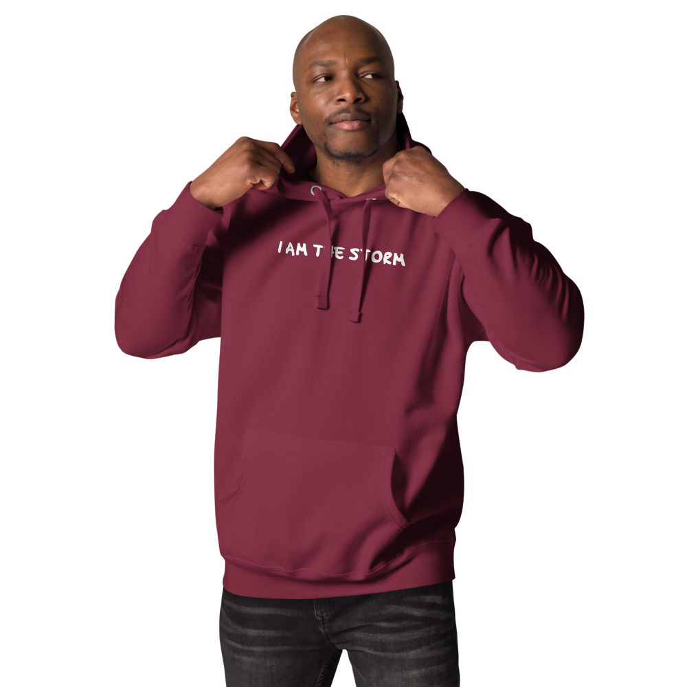 "I am the storm" printed on a maroon unisex hoodie worn by a male