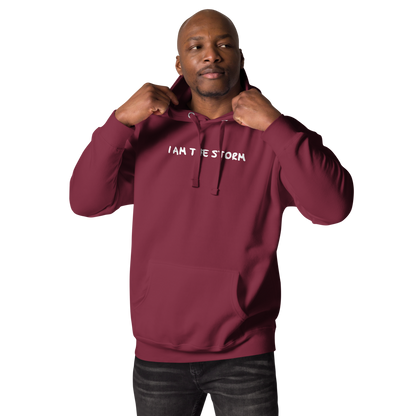 "I am the storm" printed on a maroon unisex hoodie worn by a male