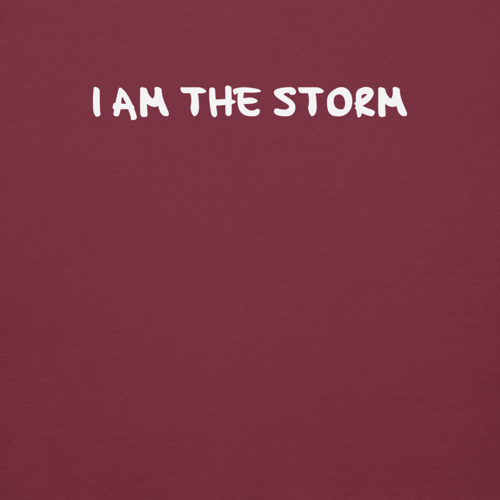"I am the storm" printed on a maroon background