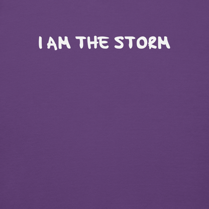"I am the storm" printed on a purple background