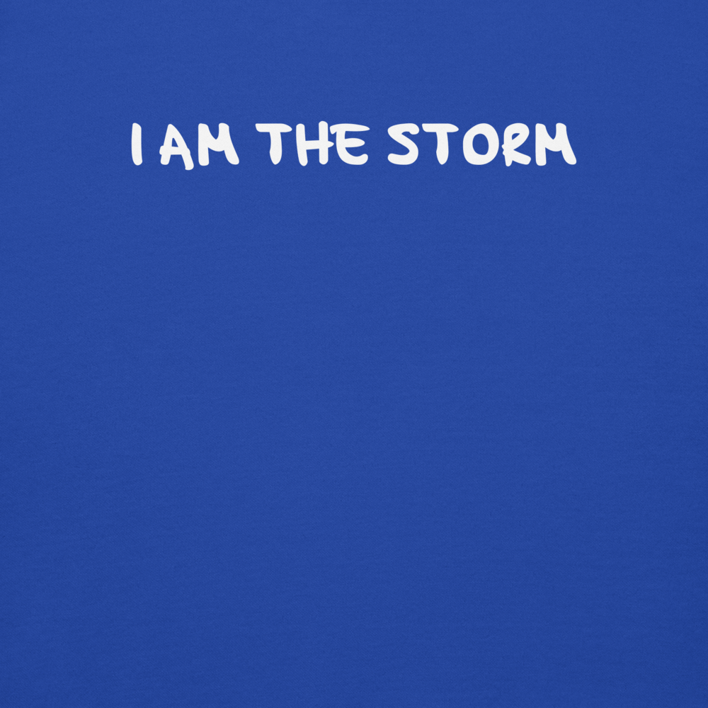 "I am the storm" printed on a team royal background