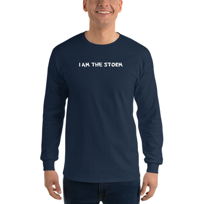 "I am the storm" printed on a navy men's long sleeve shirt worn by a male