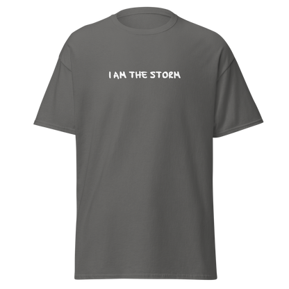 "I am the storm" printed on a charcoal on an invisible body