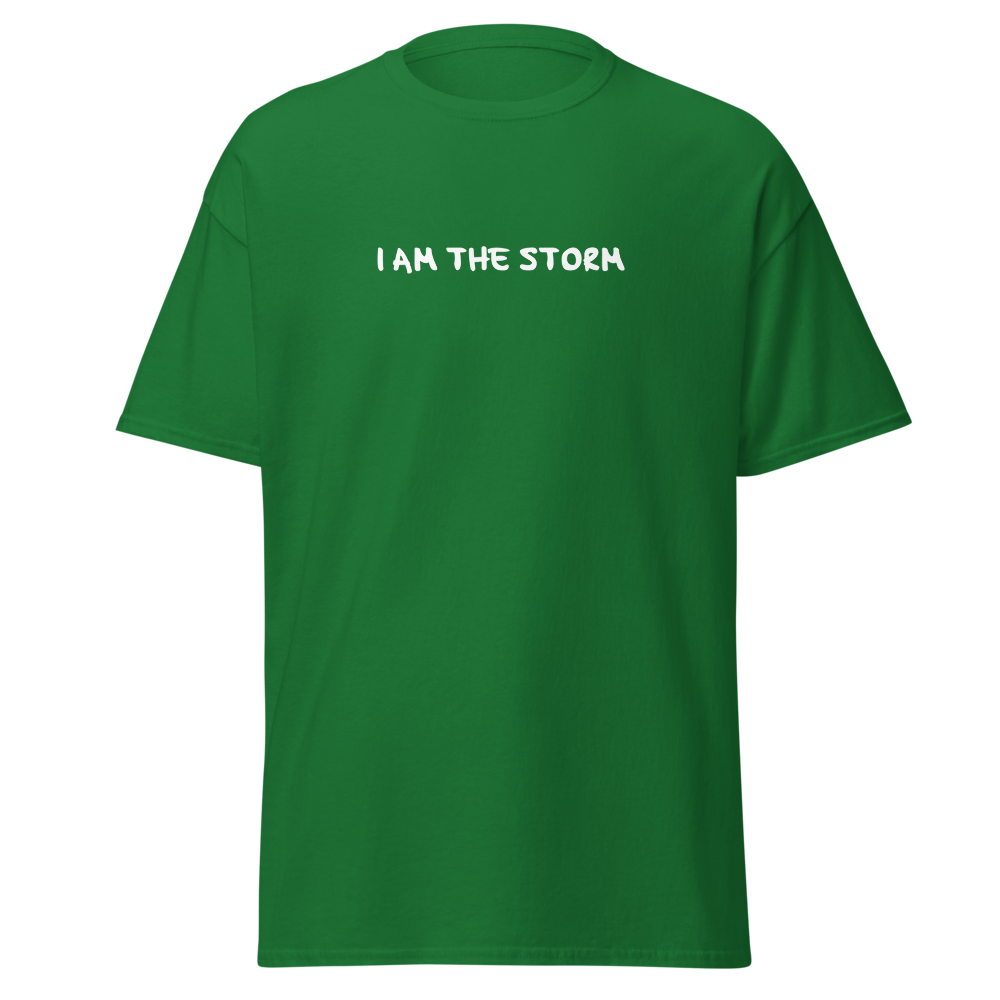 "I am the storm" printed on a turf green on an invisible body