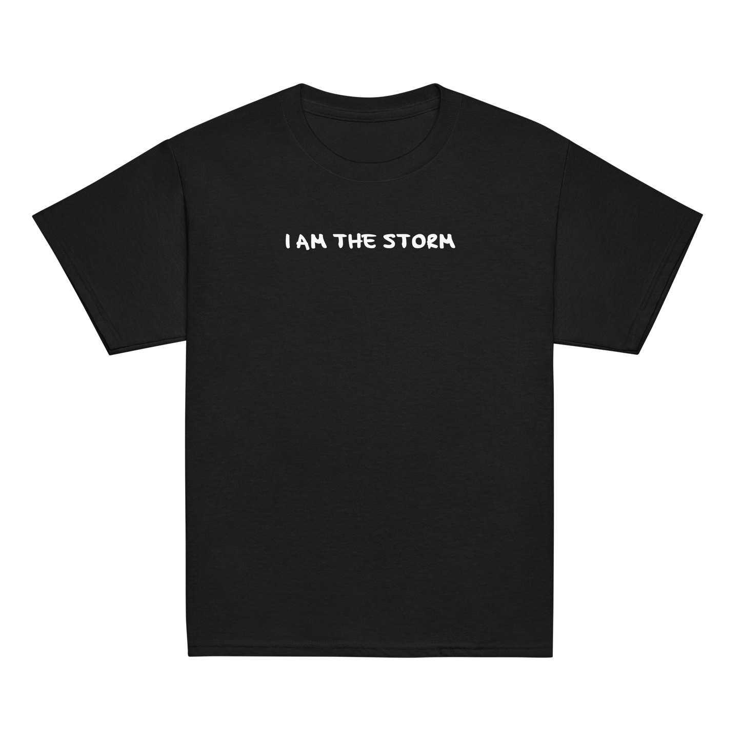 "I am the storm" printed on a black youth classic tee laying on a flat surface