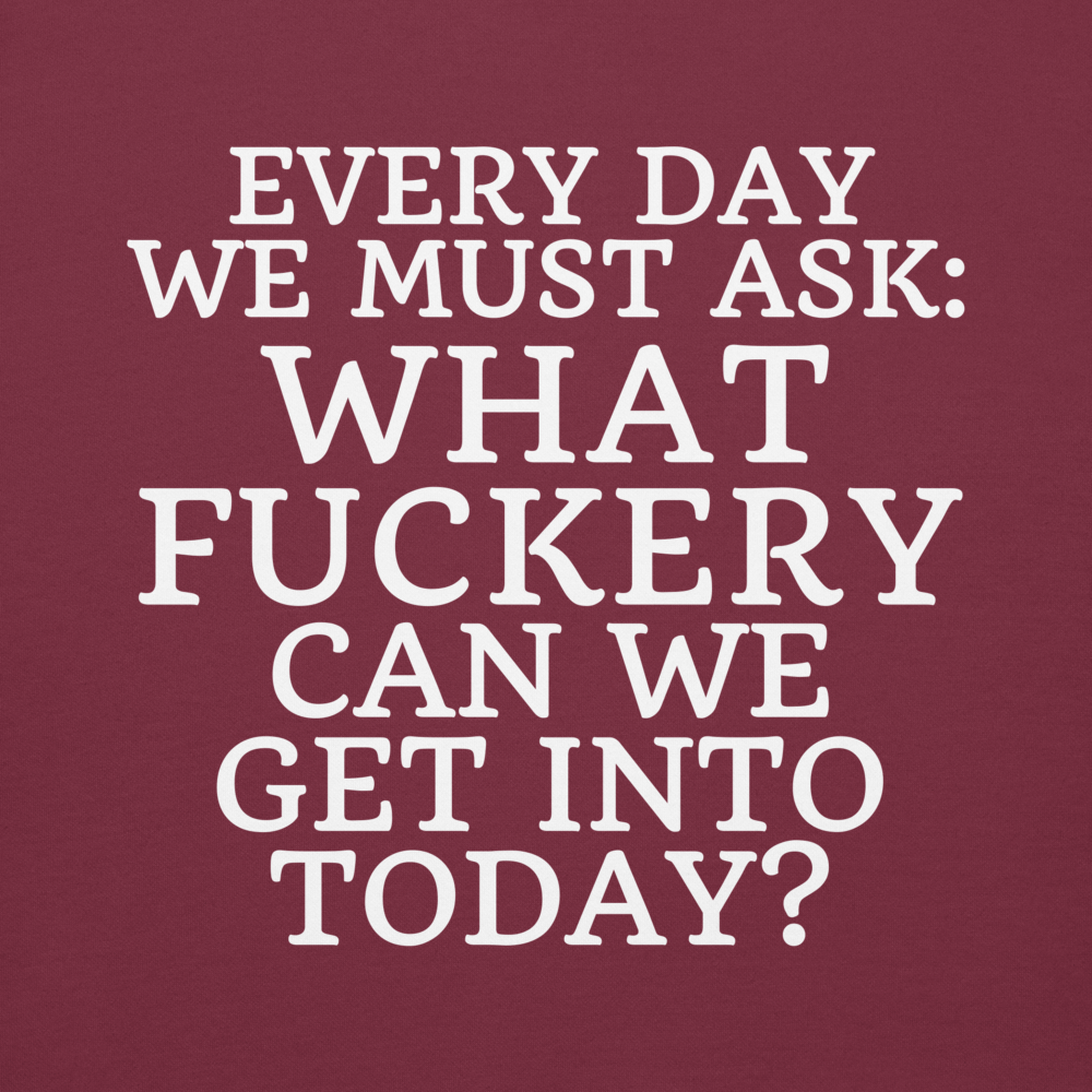 "Every day we must ask: What fuckery can we get into today?" printed on a maroon background