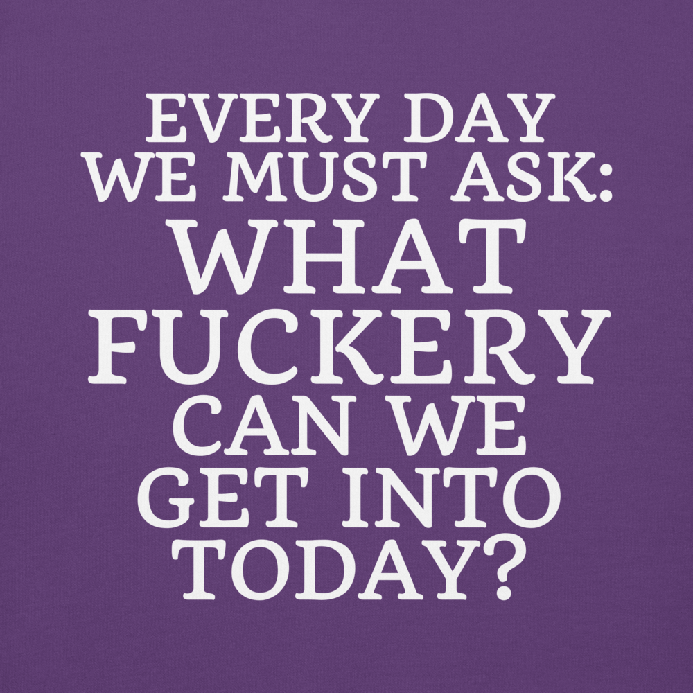 "Every day we must ask: What fuckery can we get into today?" printed on a purple background
