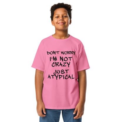 "Don't Worry I'm Not Crazy Just Atypical" printed on a azalea youth classic tee worn by a male
