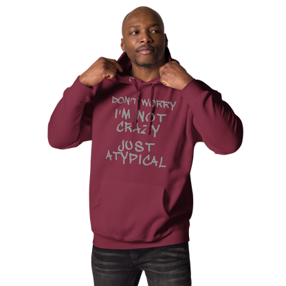 "Don't Worry I'm Not Crazy Just Atypical" printed on a maroon unisex hoodie worn by a male