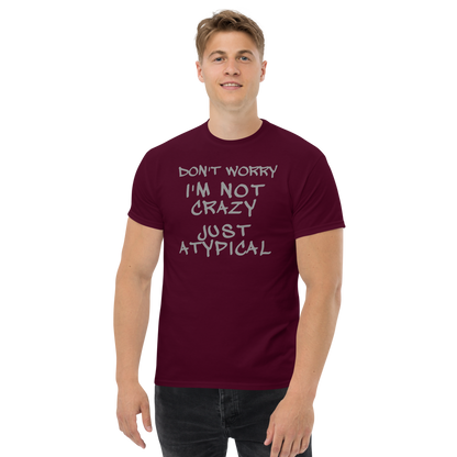 "Don't Worry I'm Not Crazy Just Atypical" printed on a maroon unisex classic tee worn by a male