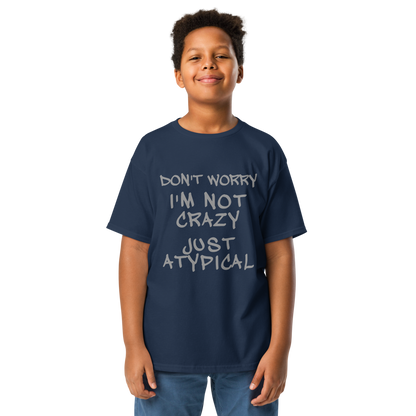 "Don't Worry I'm Not Crazy Just Atypical" printed on a navy youth classic tee worn by a male