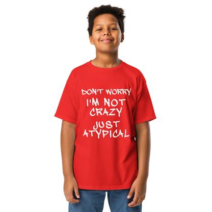 "Don't Worry I'm Not Crazy Just Atypical" printed on a red youth classic tee worn by a male