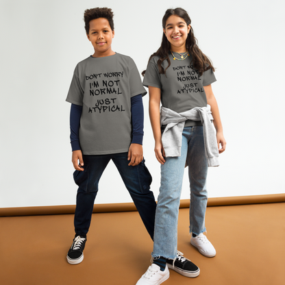 "Don't Worry I'm Not Normal Just Atypical" printed on a charcoal youth classic tee worn by a female and male