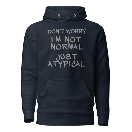 "Don't Worry I'm Not Normal Just Atypical" printed on a navy blazer on an invisible / simulated body