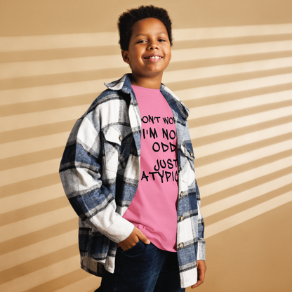"Don't Worry I'm Not Odd Just Atypical" printed on a azalea youth classic tee worn by a male also wearing a jacket