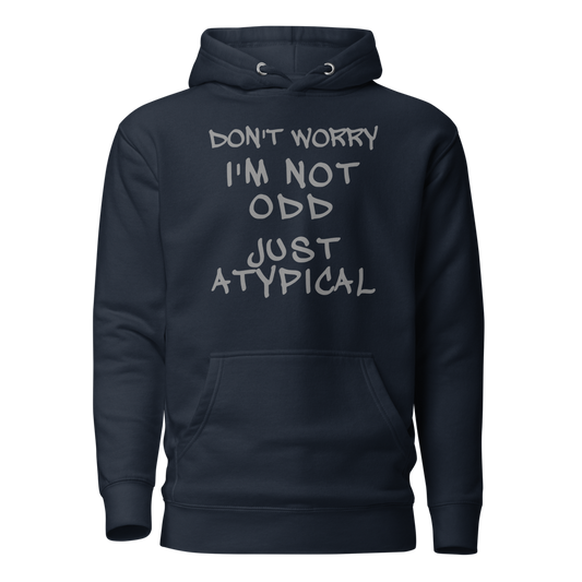 "Don't Worry I'm Not Odd Just Atypical" printed on a navy blazer on an invisible / simulated body