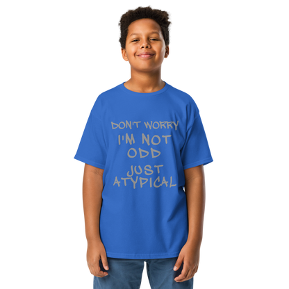 "Don't Worry I'm Not Odd Just Atypical" printed on a royal youth classic tee worn by a male