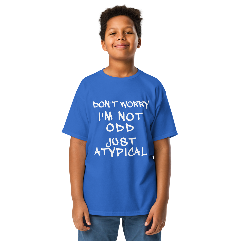 "Don't Worry I'm Not Odd Just Atypical" printed on a royal youth classic tee worn by a male