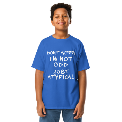 "Don't Worry I'm Not Odd Just Atypical" printed on a royal youth classic tee worn by a male