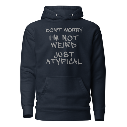 "Don't Worry I'm Not Weird Just Atypical" printed on a navy blazer on an invisible / simulated body