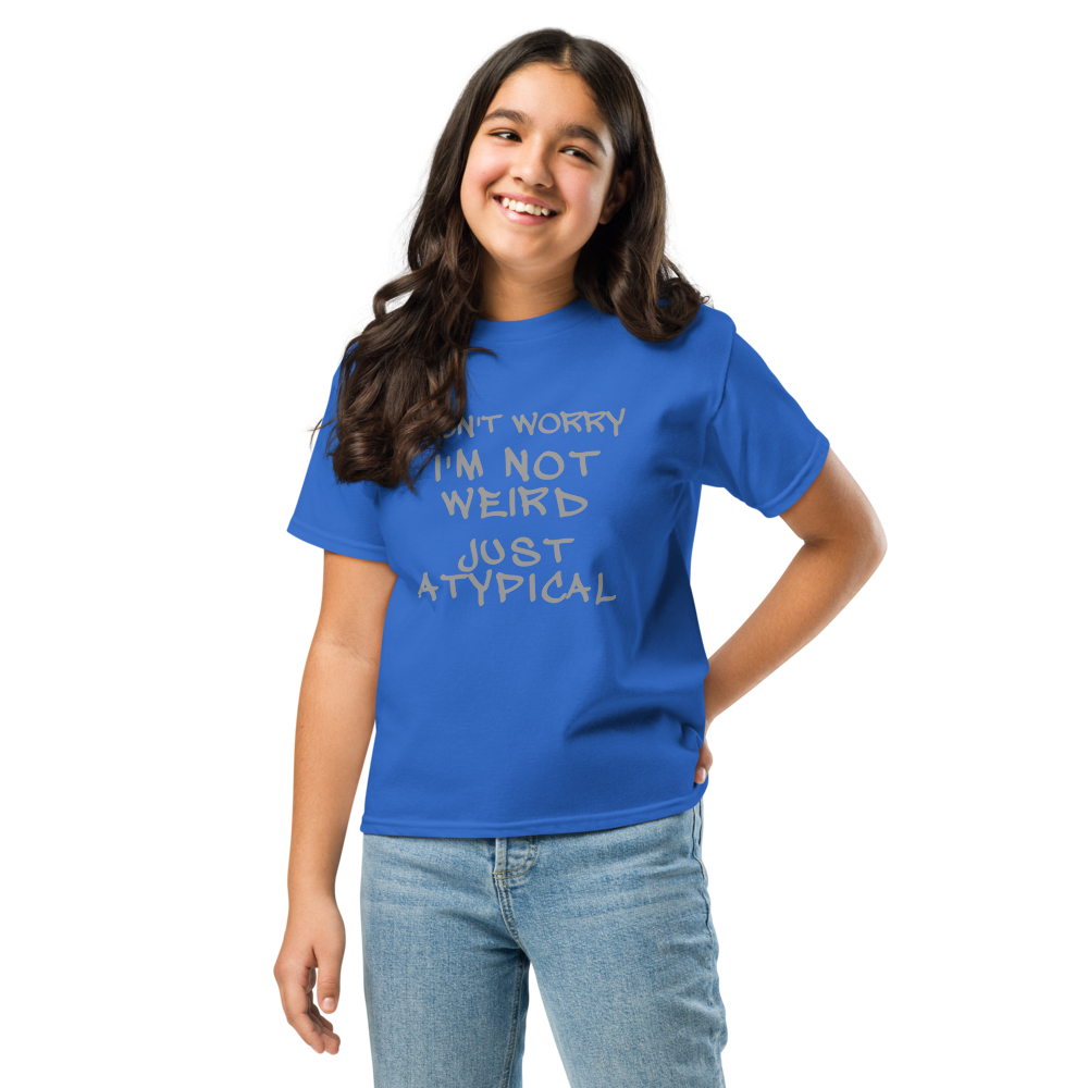 "Don't Worry I'm Not Weird Just Atypical" printed on a royal youth classic tee worn by a female