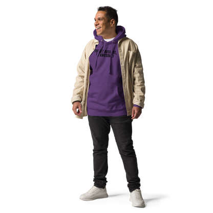 "Forget Average, Be Awesome!" printed on a purple unisex hoodie worn by a male with a jacket on top