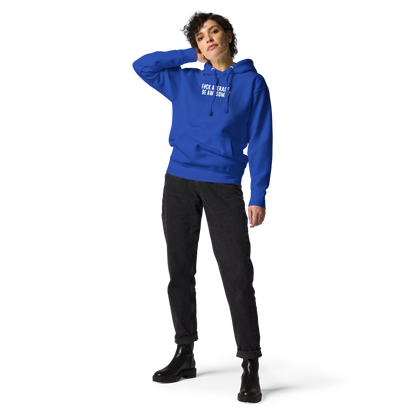 "F#Ck Average, Be Awesome!" printed on a team royal unisex hoodie worn by a female
