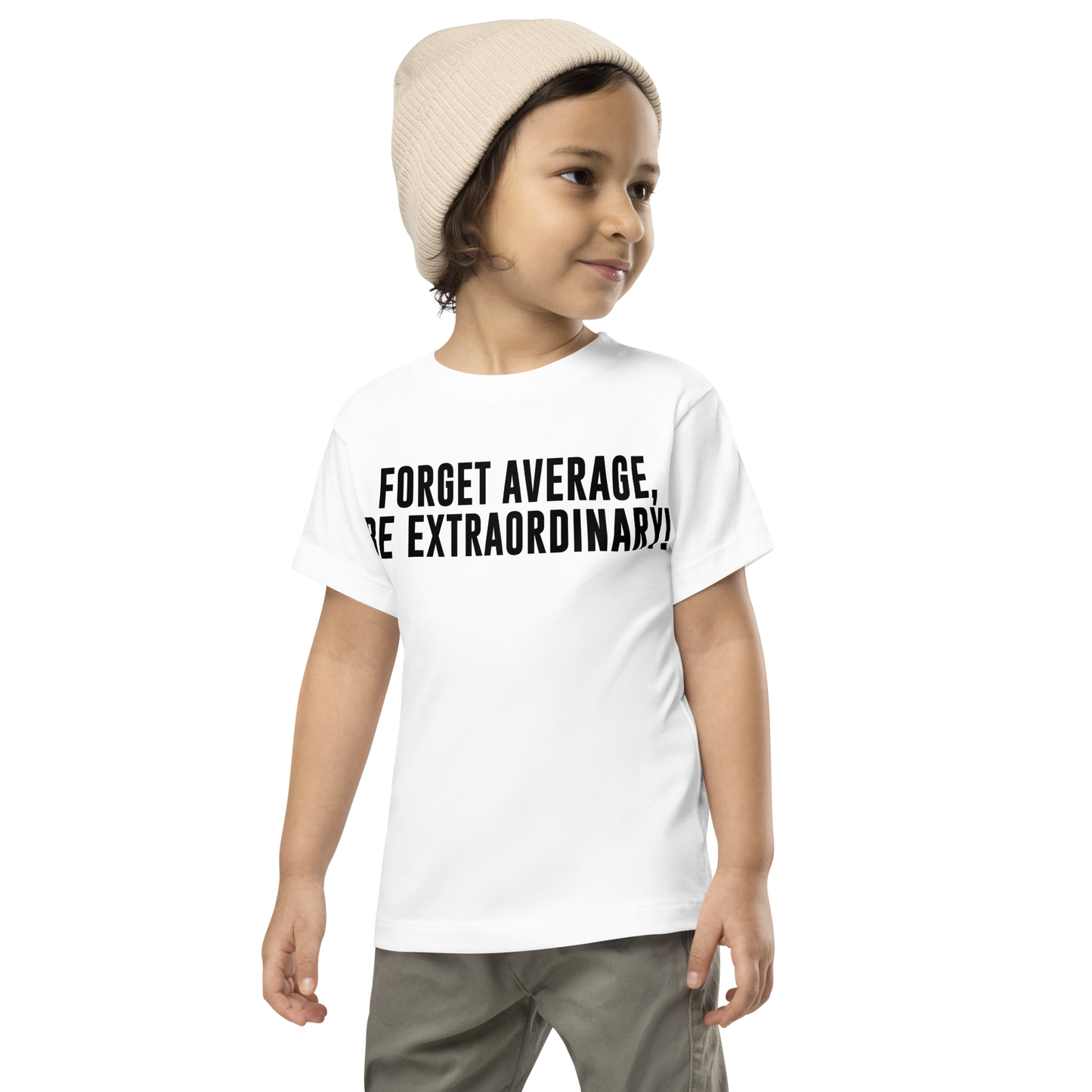 "Forget Average, Be Extraordinary!" printed on a white toddler short sleeve tee worn by a male wearing a cap