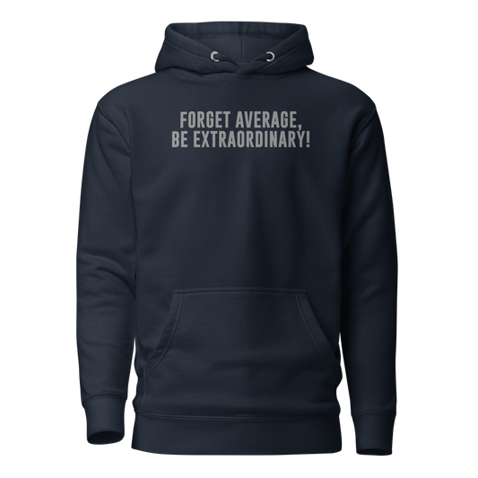 "Forget Average, Be Extraordinary!" printed on a navy blazer on an invisible / simulated body