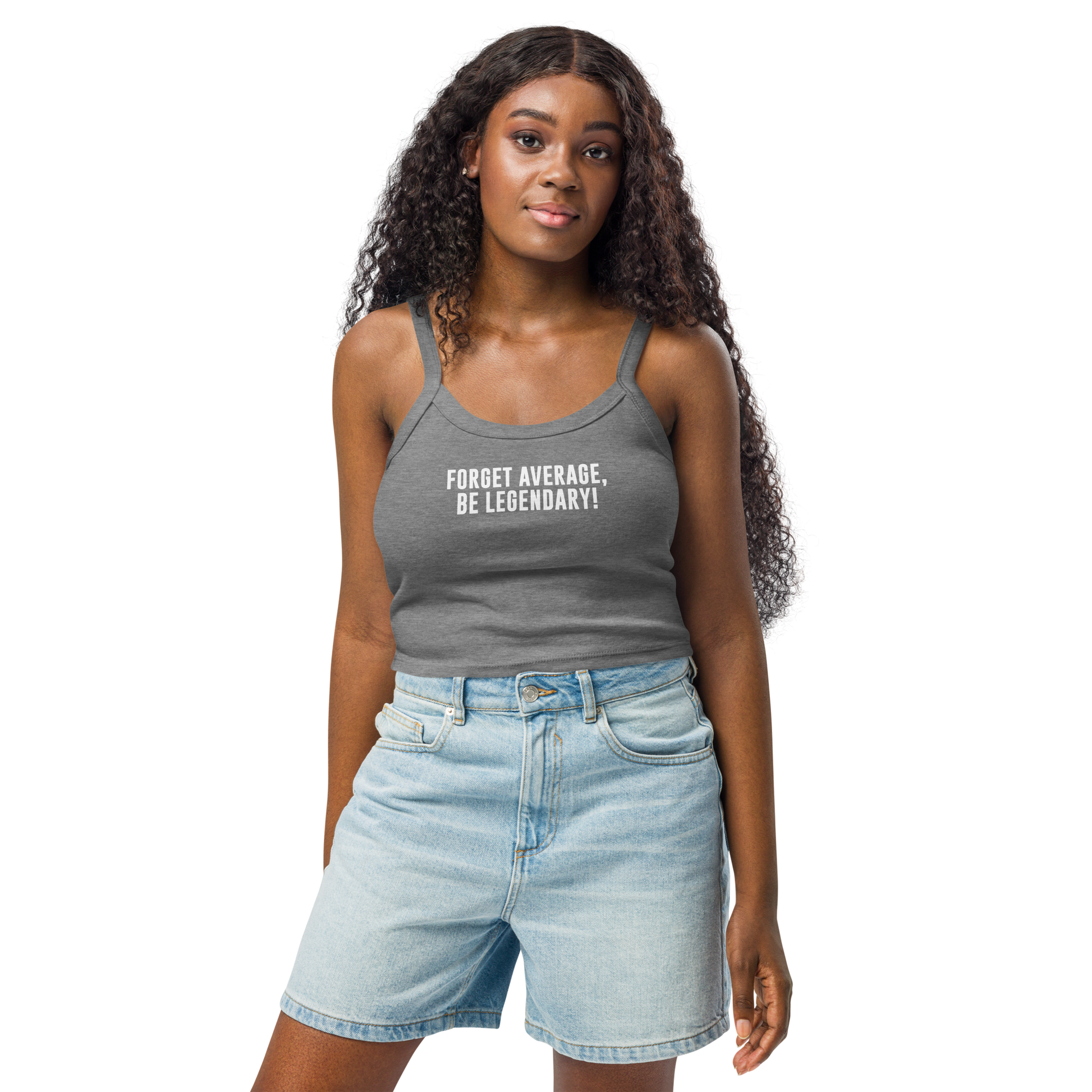 "Forget Average, Be Legendary!" printed on a athletic heather women's micro-rib tanktop worn by a female