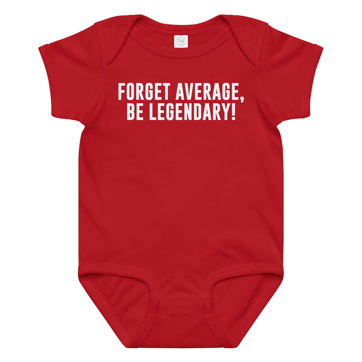 "Forget Average, Be Legendary!" printed on a red baby jersey bodysuit laying on a flat surface amongst other clothes